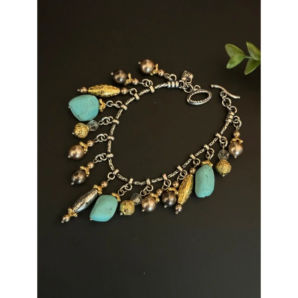 Brighton Turquoise Pearl Mixed Metal Charm Bracelet Silver Gold Tone 7.25